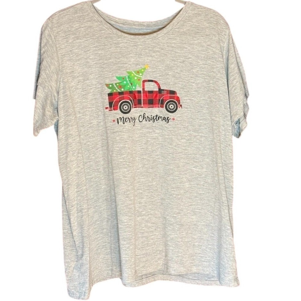 Holiday Time Merry Christmas Plaid Truck Tree Gray T Shirt‎ Women 1X